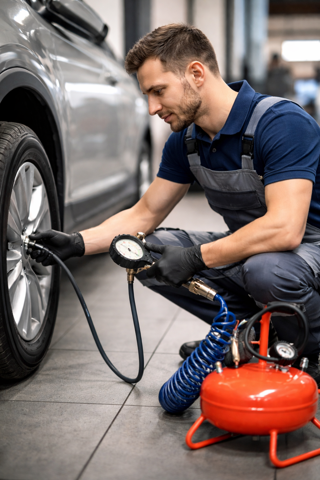 Operator inflating a car tyre